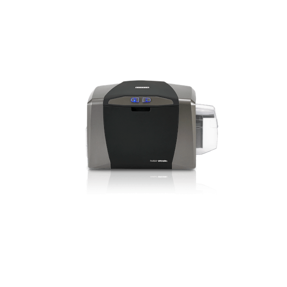 HID FARGO DTC1250e single-sided ID card printer on a desk for professional employee badge issuance.