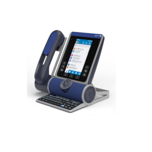 Alcatel-Lucent Enterprise modular business deskphone with color touchscreen.