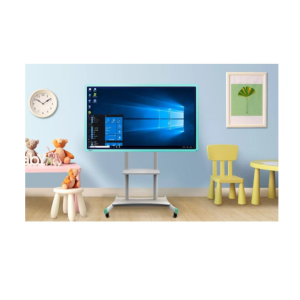 110-inch interactive whiteboard with multi-device compatibility and movable rack.