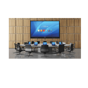 55-inch interactive smart whiteboard with movable rack for education and business use.