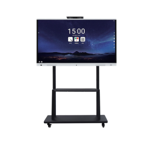 75-inch interactive whiteboard with touch screen and movable rack for educational meetings.