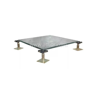 Frameless glass raised floor panel with transparent finish